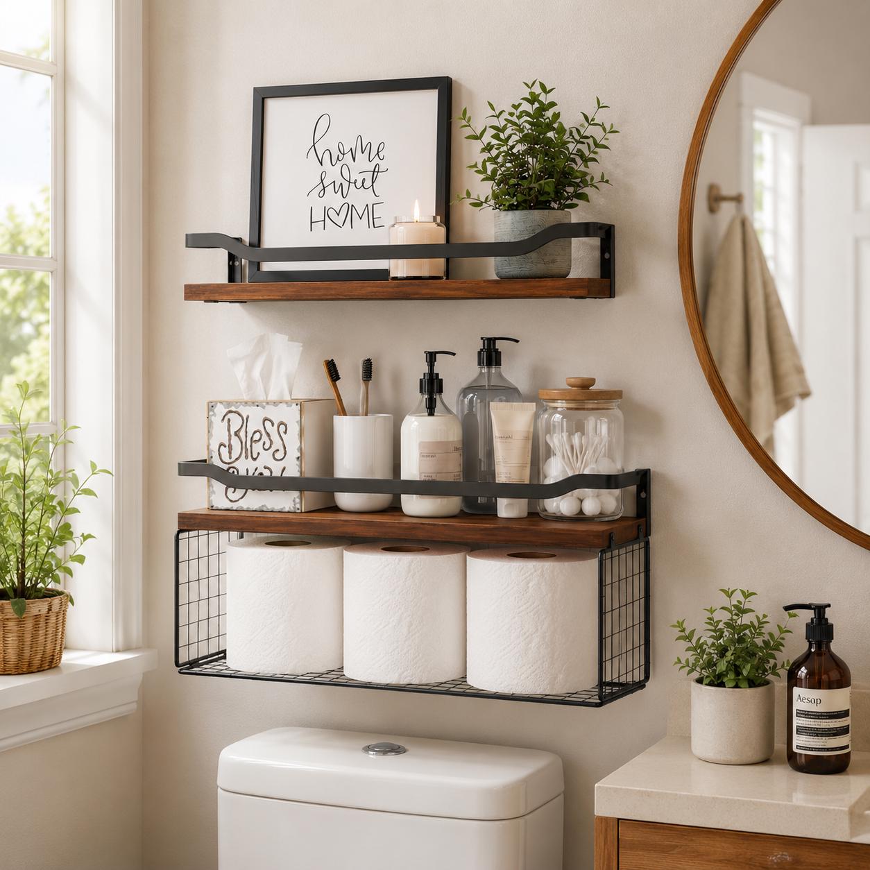 Industrial 3 Tier Over The Toilet Floating Shelves