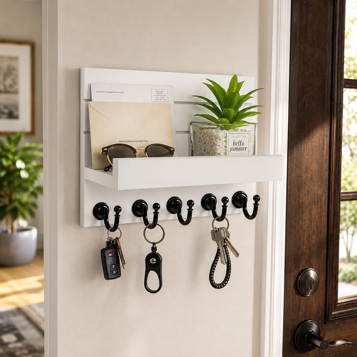 White Wall Mounted Key Holder For Entryway Mail