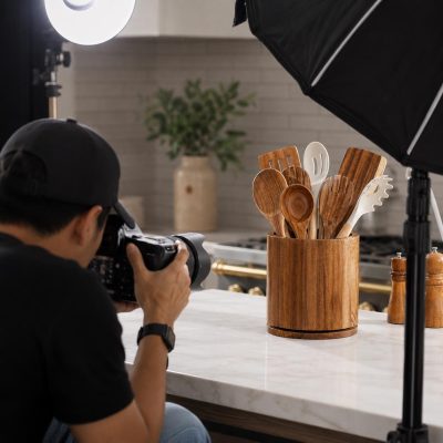 Large Wooden Utensil Holder Cooking Tools Crock Japandi