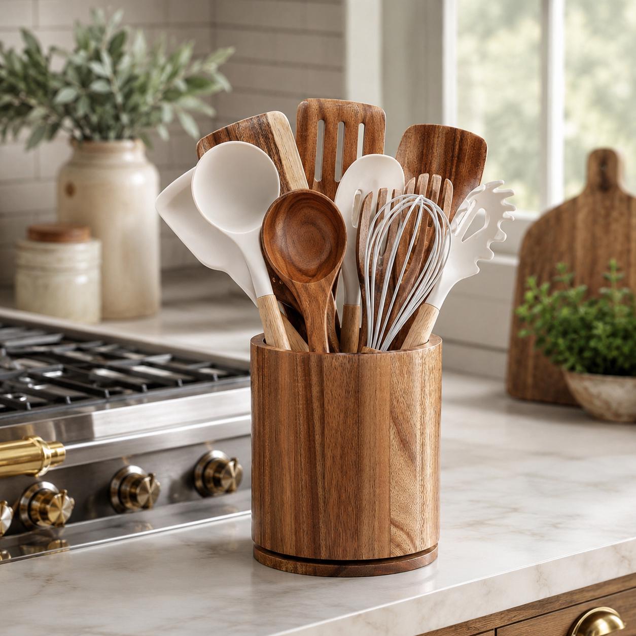 Large Wooden Utensil Holder Cooking Tools Crock Japandi